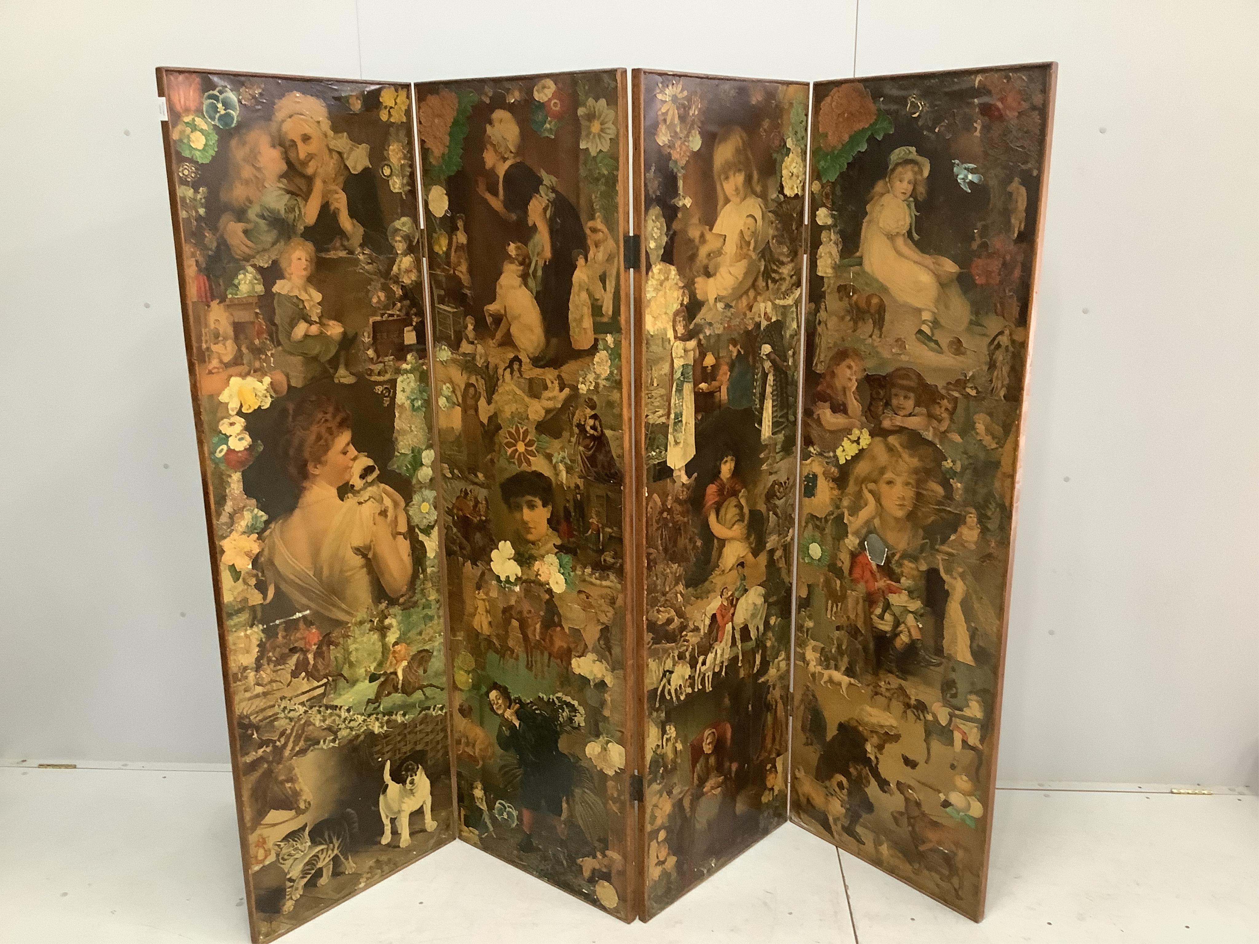 A Victorian four fold scrap screen, each panel width 57cm, height 186cm. Condition - fair to good